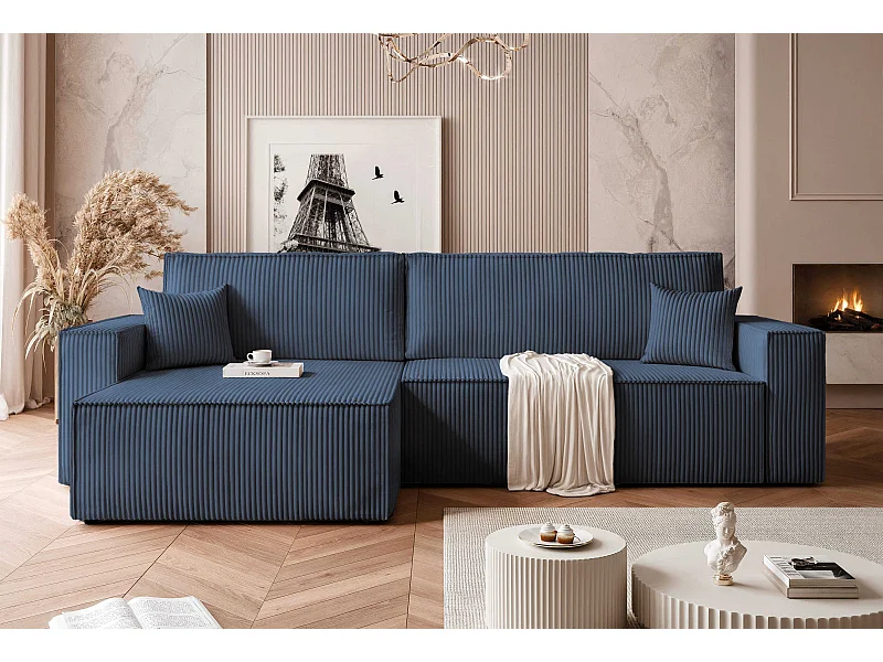 Canapé d'angle convertible tissu velours côtelé cobalt