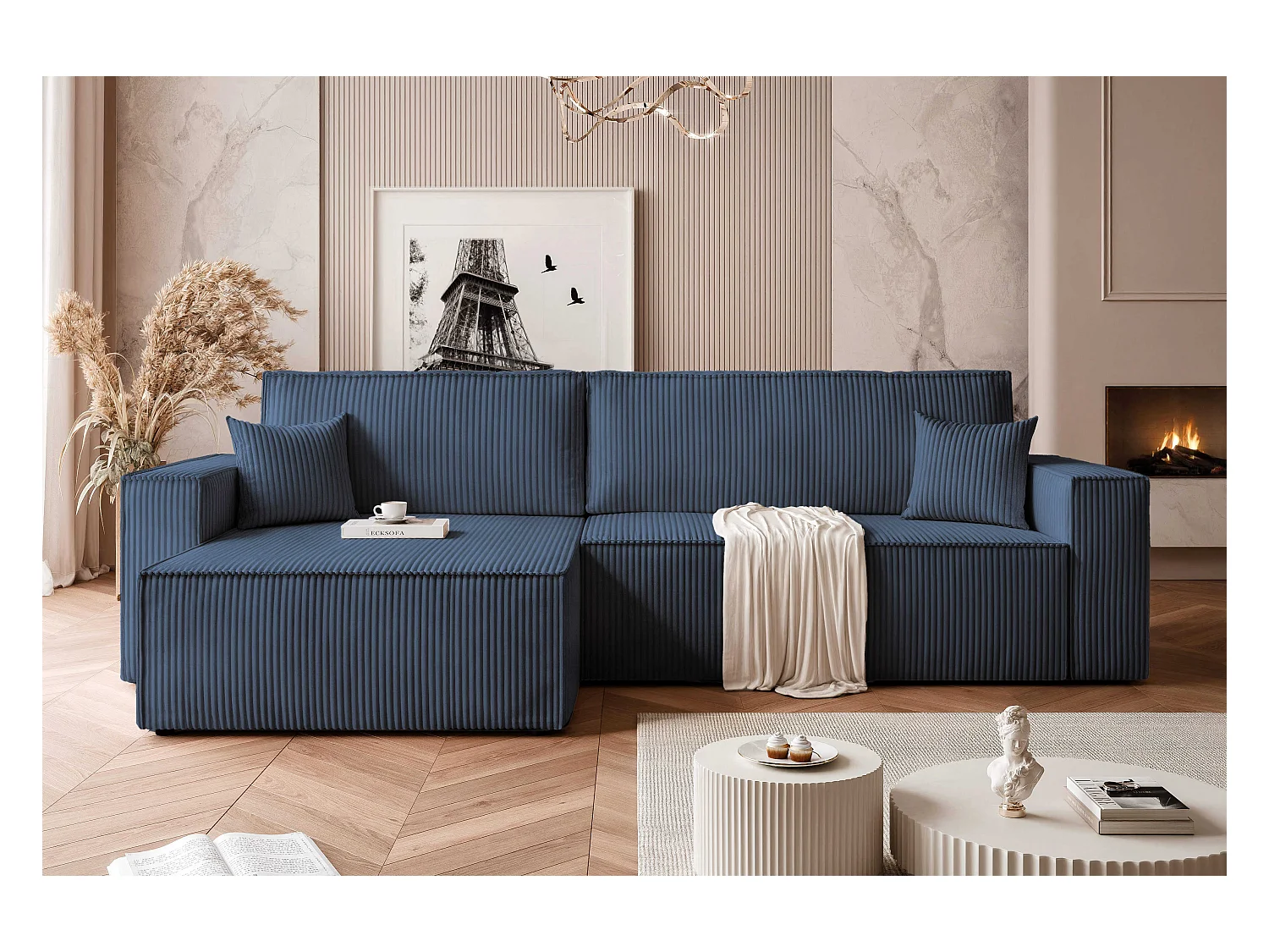 Canapé d'angle convertible tissu velours côtelé cobalt