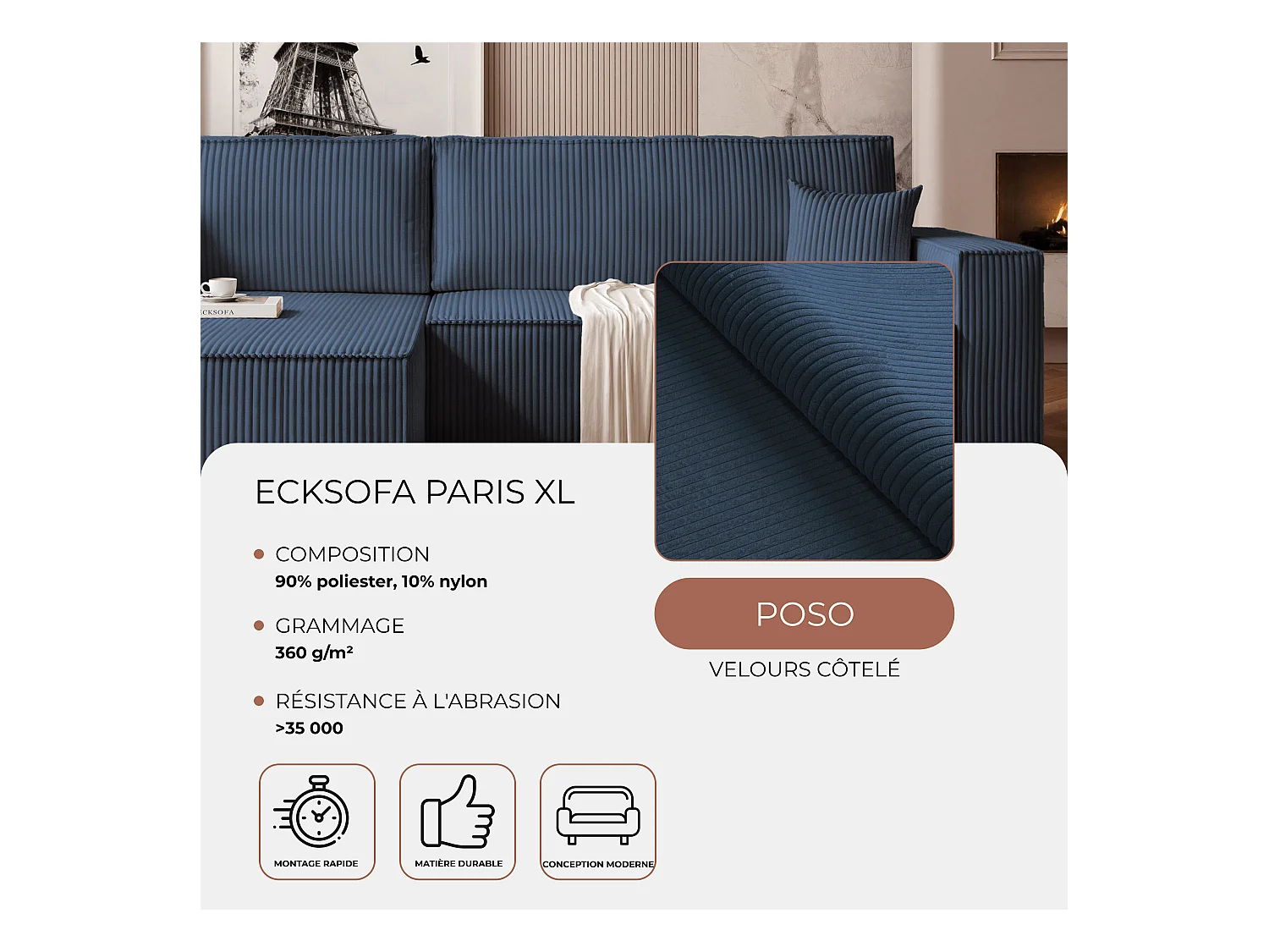 Canapé d'angle convertible tissu velours côtelé cobalt