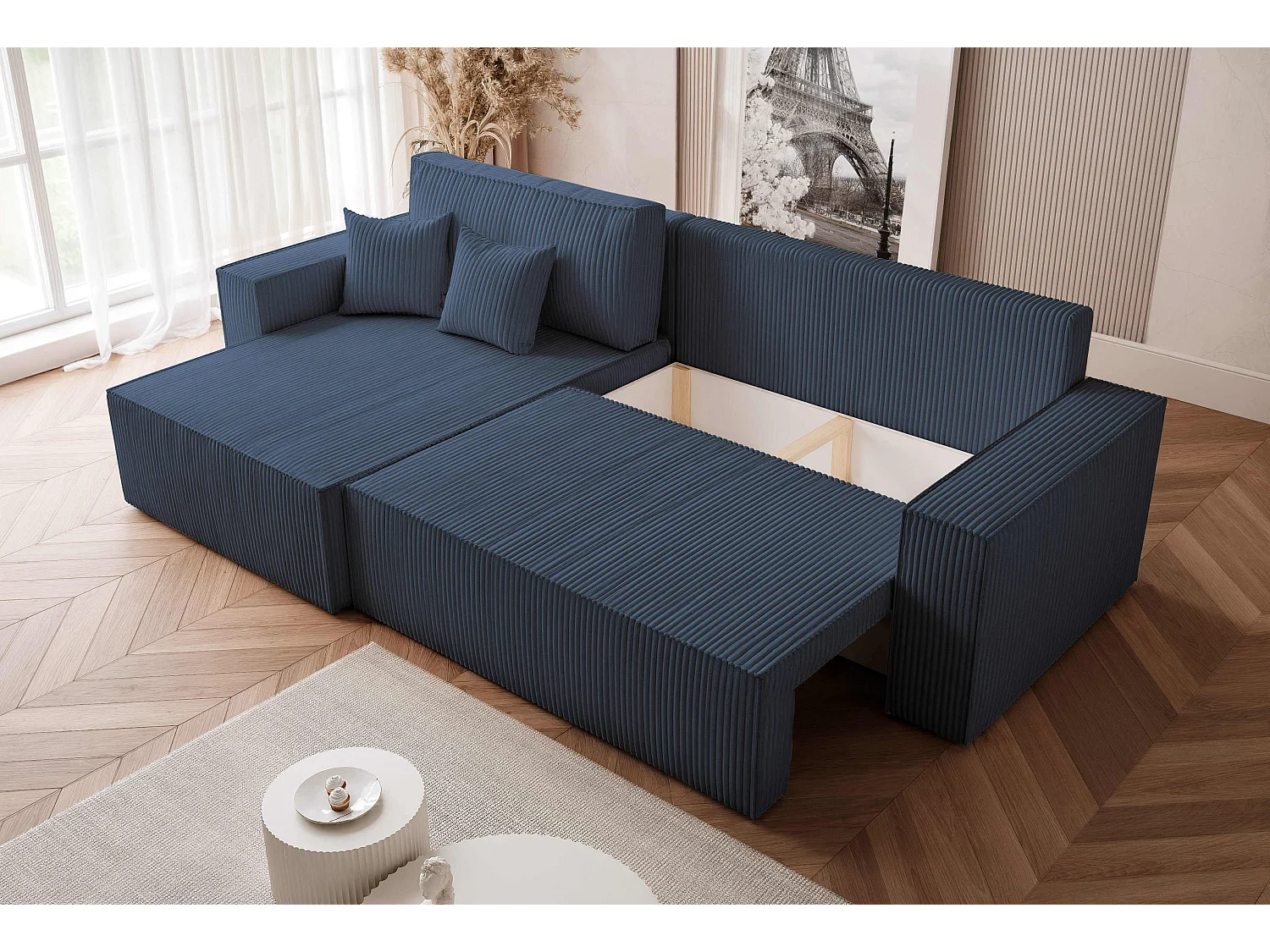 Canapé d'angle convertible tissu velours côtelé cobalt