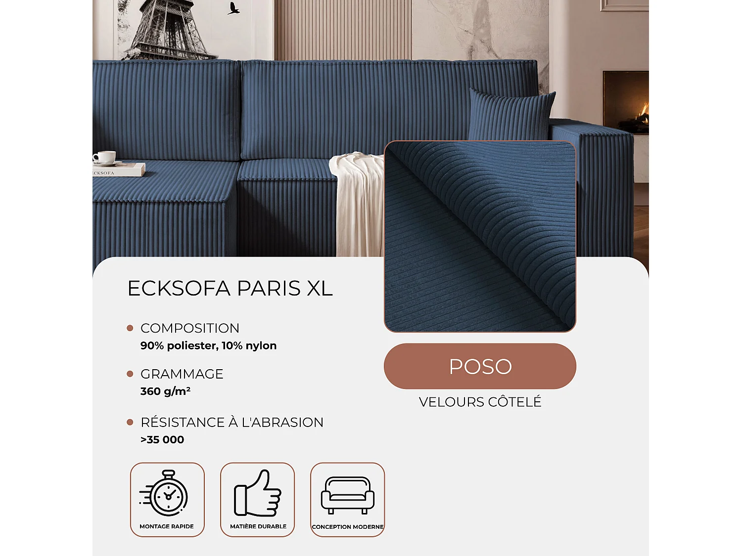 Canapé d'angle convertible tissu velours côtelé cobalt