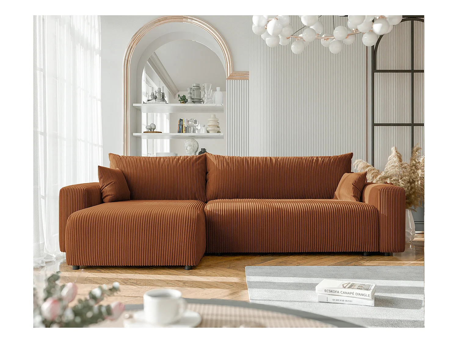 Canapé d'angle convertible tissu velours côtelé cuivre