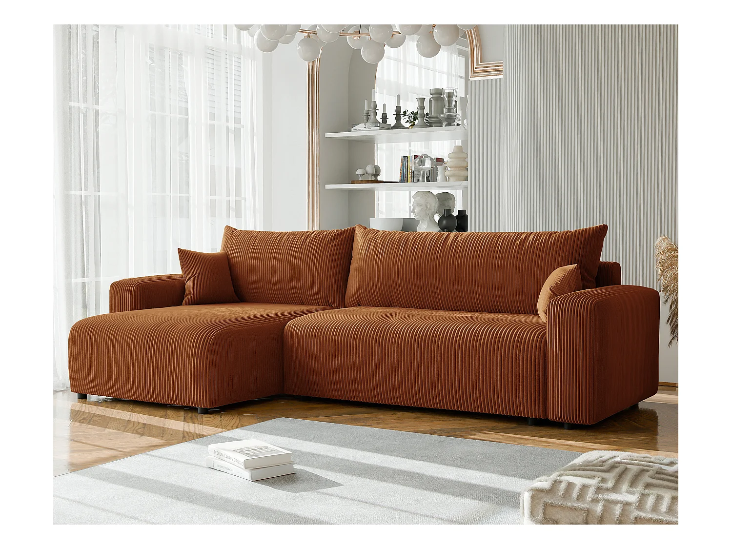 Canapé d'angle convertible tissu velours côtelé cuivre