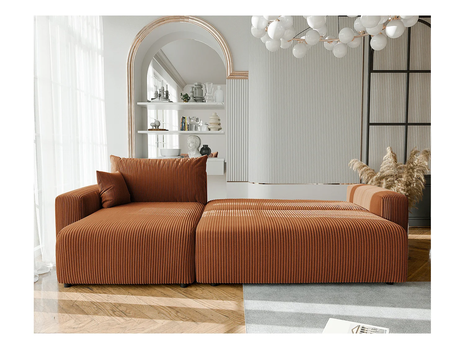 Canapé d'angle convertible tissu velours côtelé cuivre