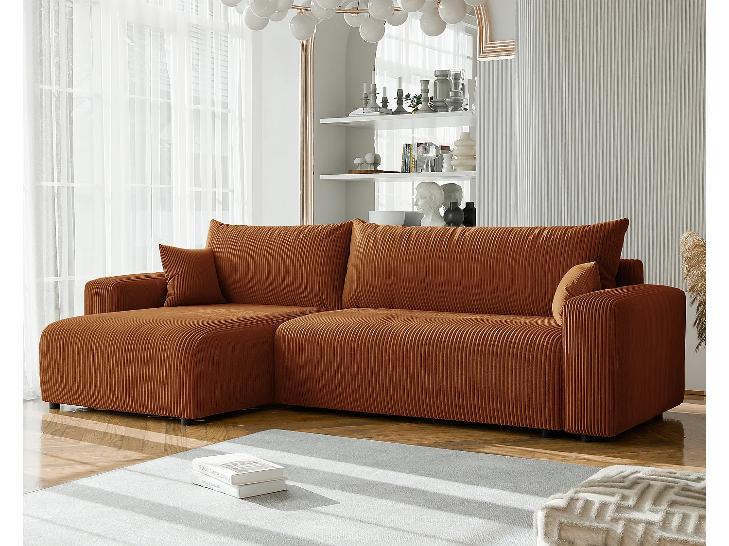 Canapé d'angle convertible tissu velours côtelé cuivre
