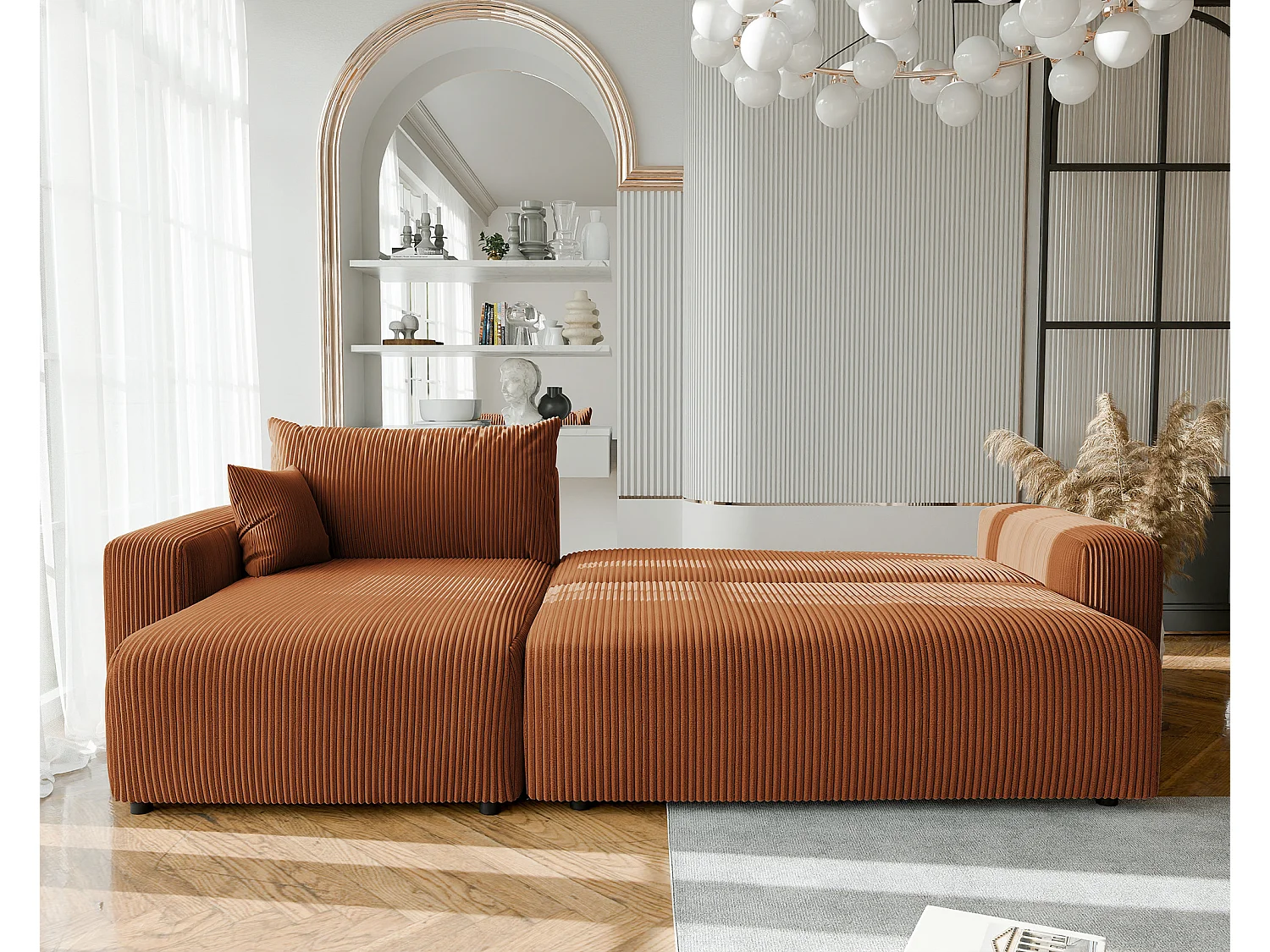 Canapé d'angle convertible tissu velours côtelé cuivre