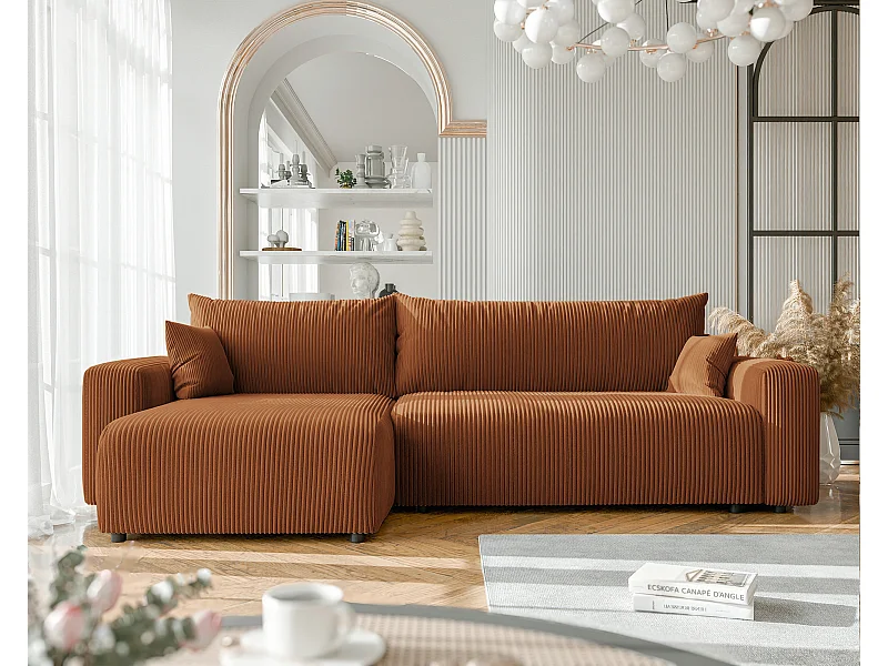 Canapé d'angle convertible tissu velours côtelé cuivre