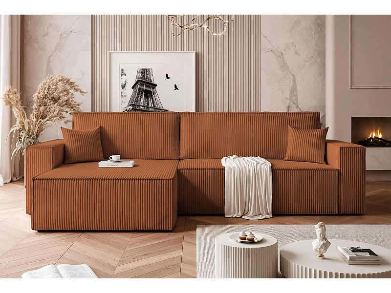 Canapé d'angle convertible tissu velours côtelé cuivre