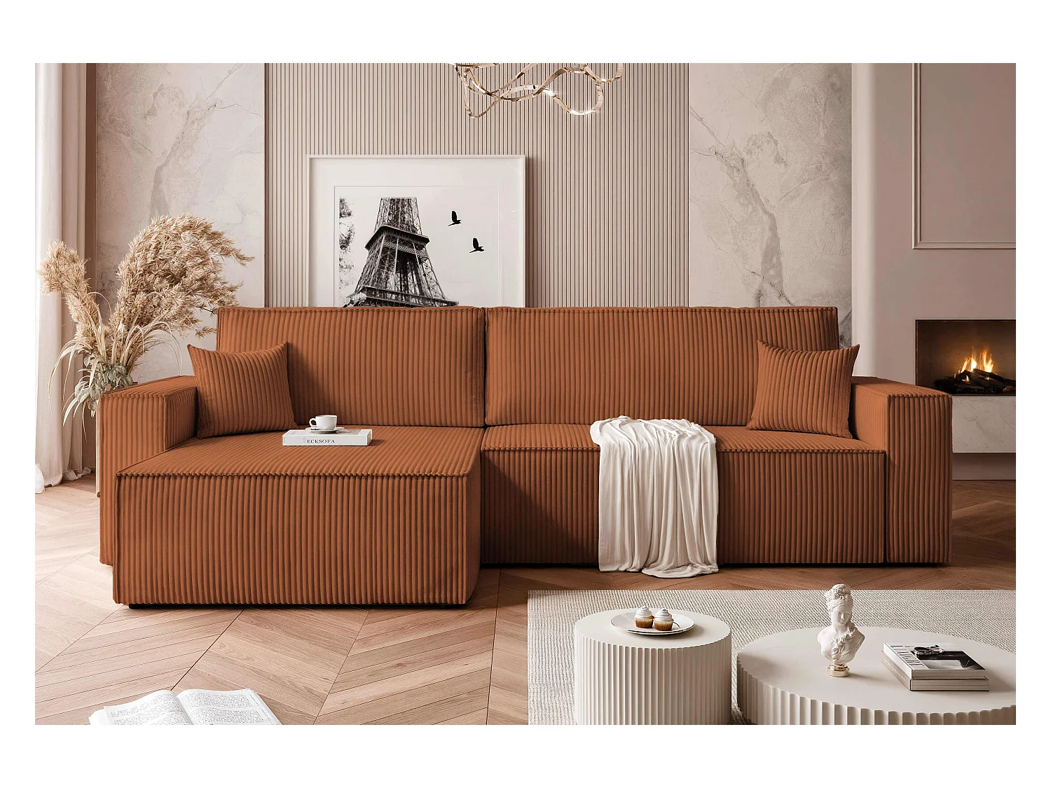 Canapé d'angle convertible tissu velours côtelé cuivre