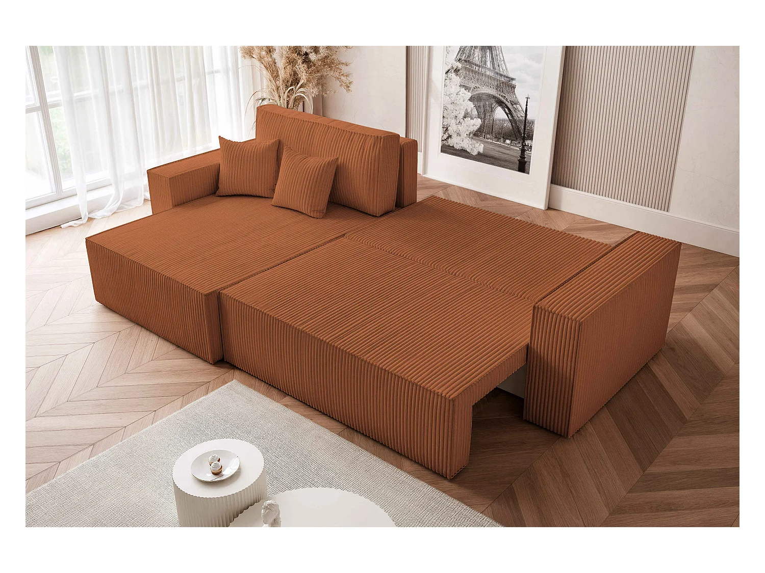 Canapé d'angle convertible tissu velours côtelé cuivre