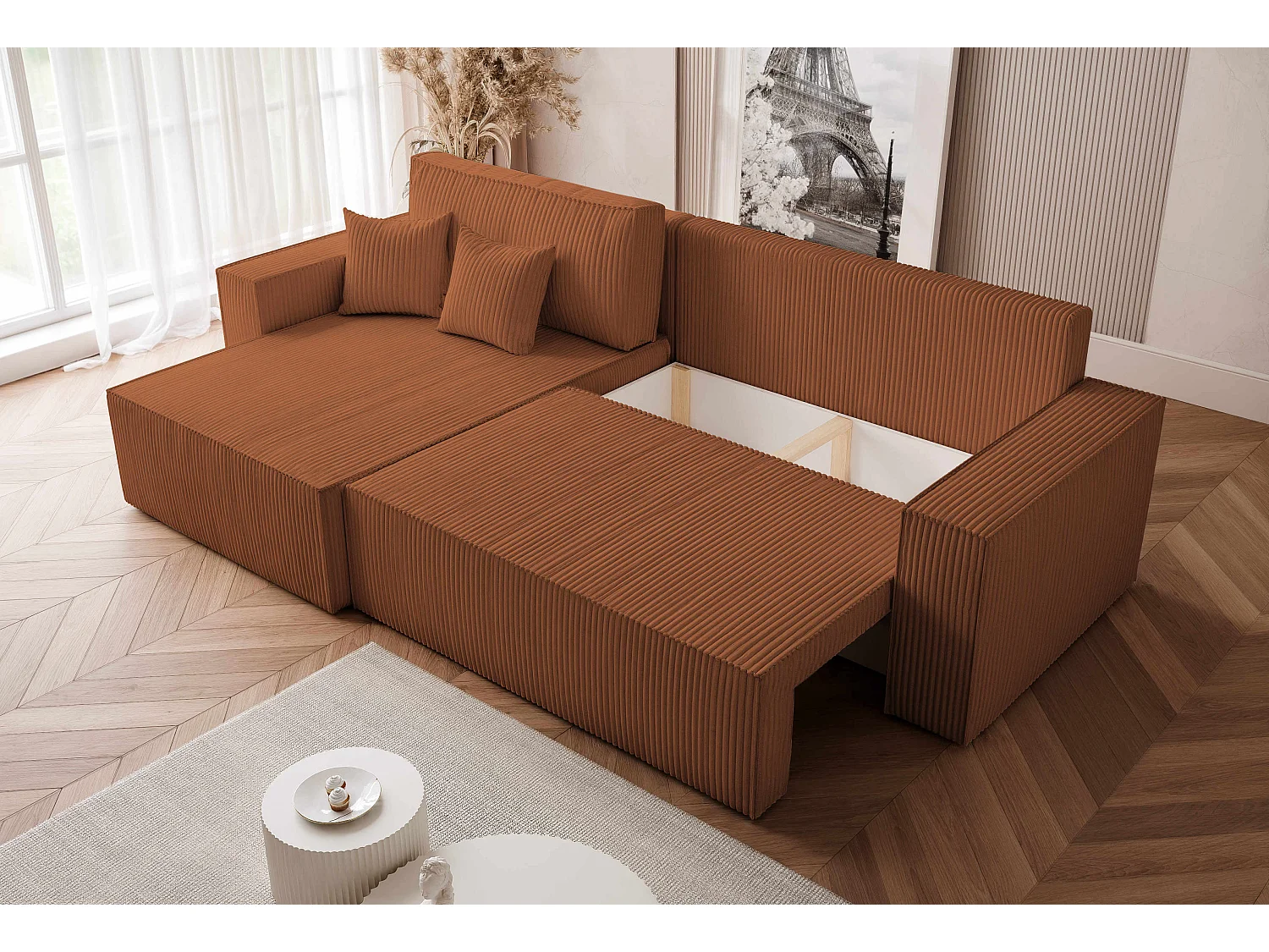 Canapé d'angle convertible tissu velours côtelé cuivre