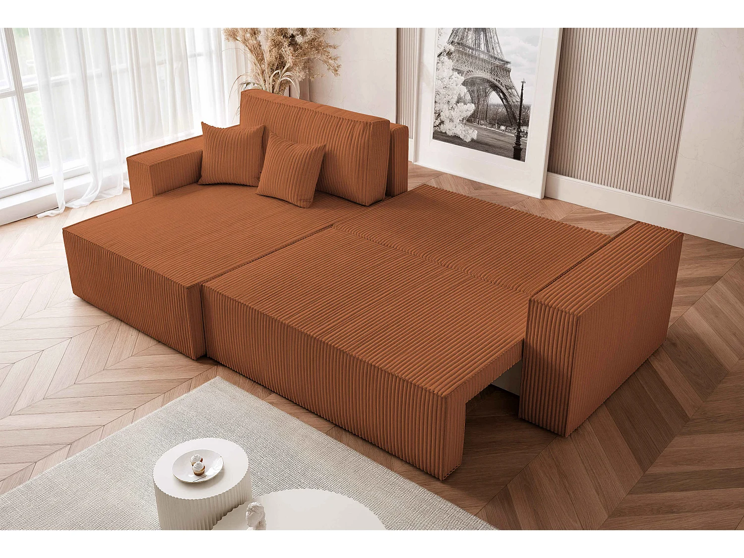 Canapé d'angle convertible tissu velours côtelé cuivre