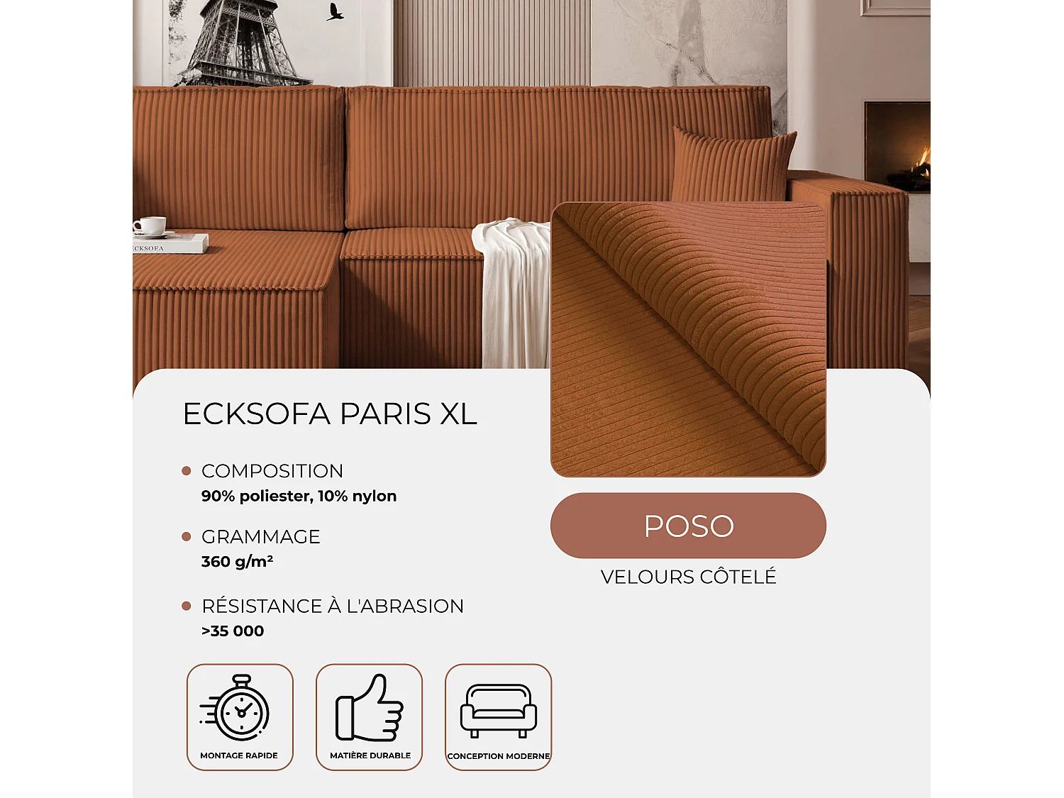 Canapé d'angle convertible tissu velours côtelé cuivre