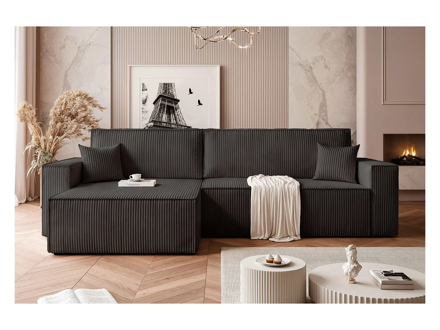 Canapé d'angle convertible tissu velours côtelé noir