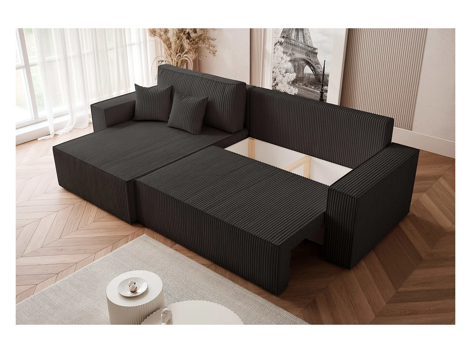 Canapé d'angle convertible tissu velours côtelé noir