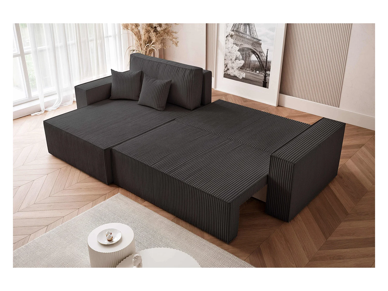 Canapé d'angle convertible tissu velours côtelé noir