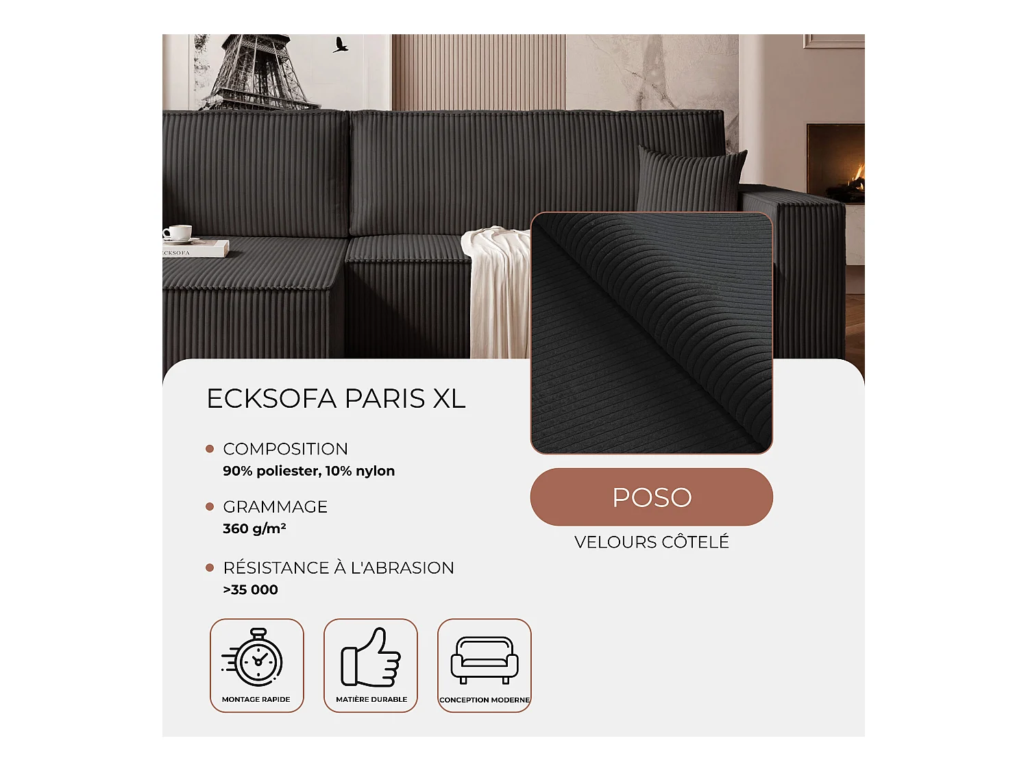 Canapé d'angle convertible tissu velours côtelé noir