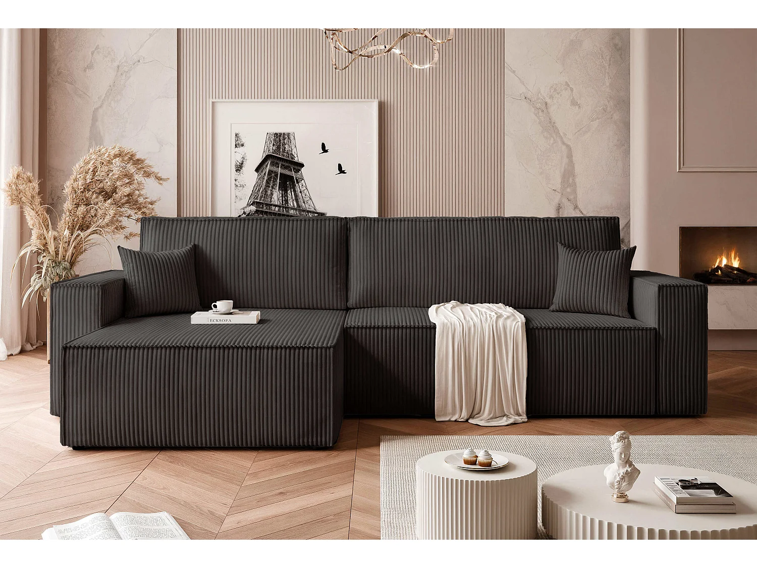 Canapé d'angle convertible tissu velours côtelé noir