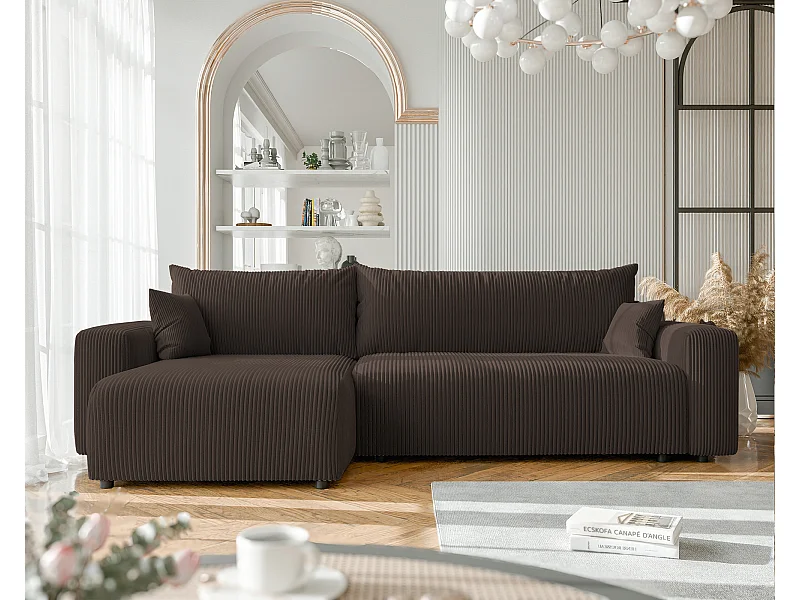 Canapé d'angle convertible tissu velours côtelé chocolat