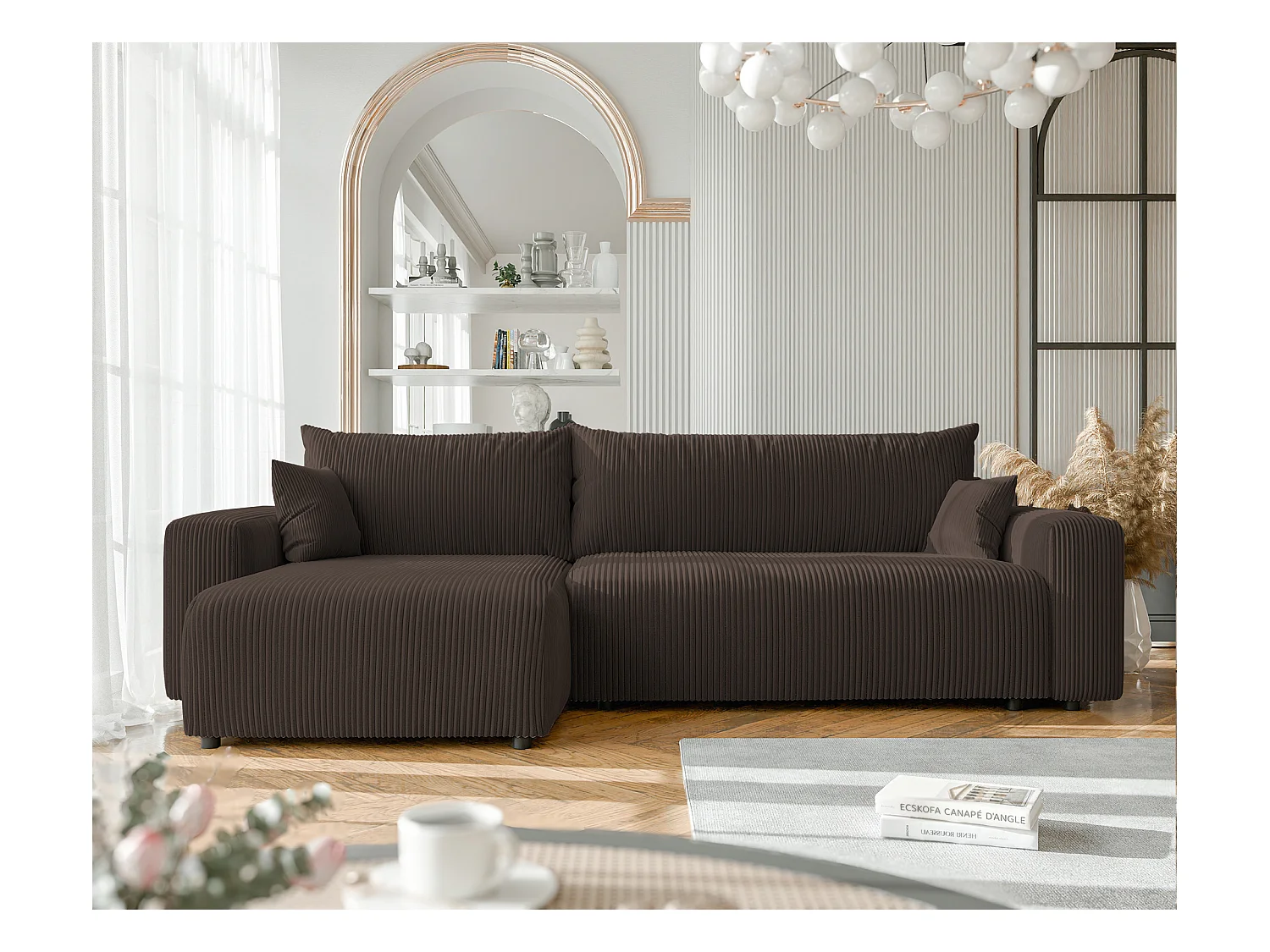 Canapé d'angle convertible tissu velours côtelé chocolat