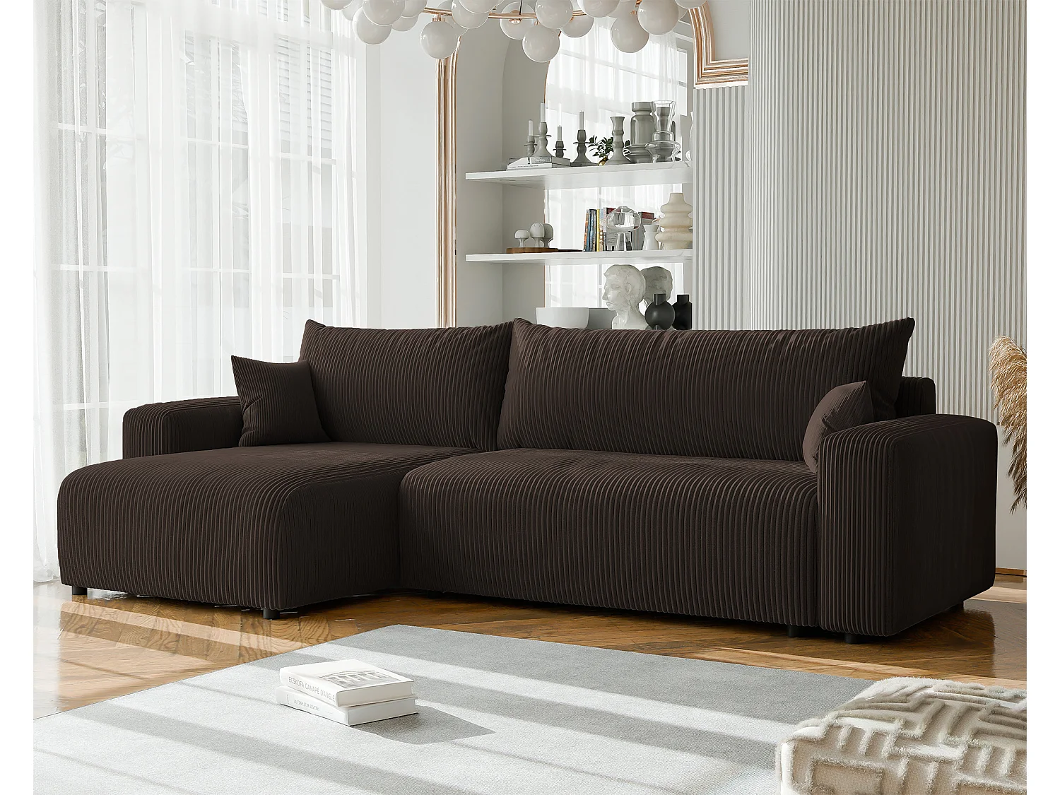 Canapé d'angle convertible tissu velours côtelé chocolat