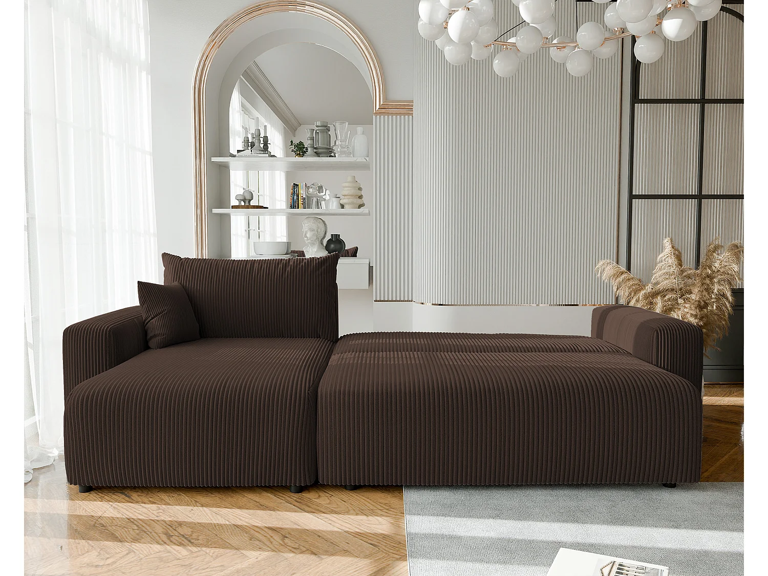 Canapé d'angle convertible tissu velours côtelé chocolat