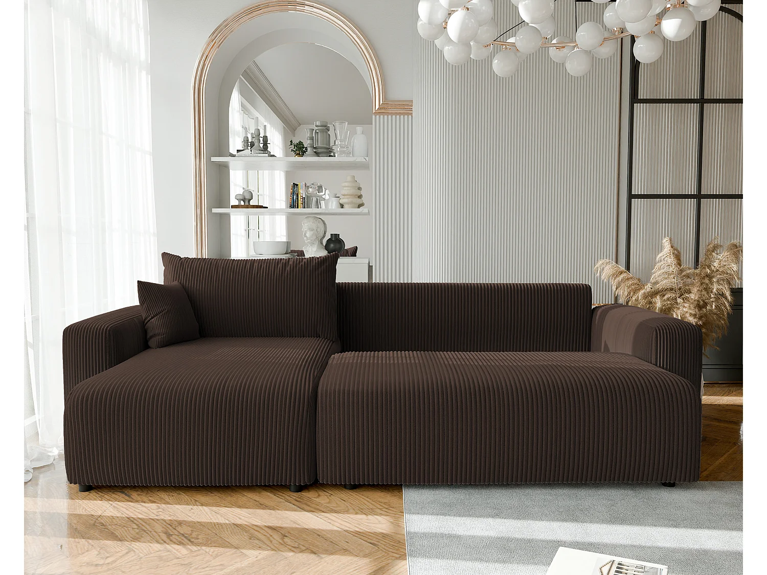 Canapé d'angle convertible tissu velours côtelé chocolat