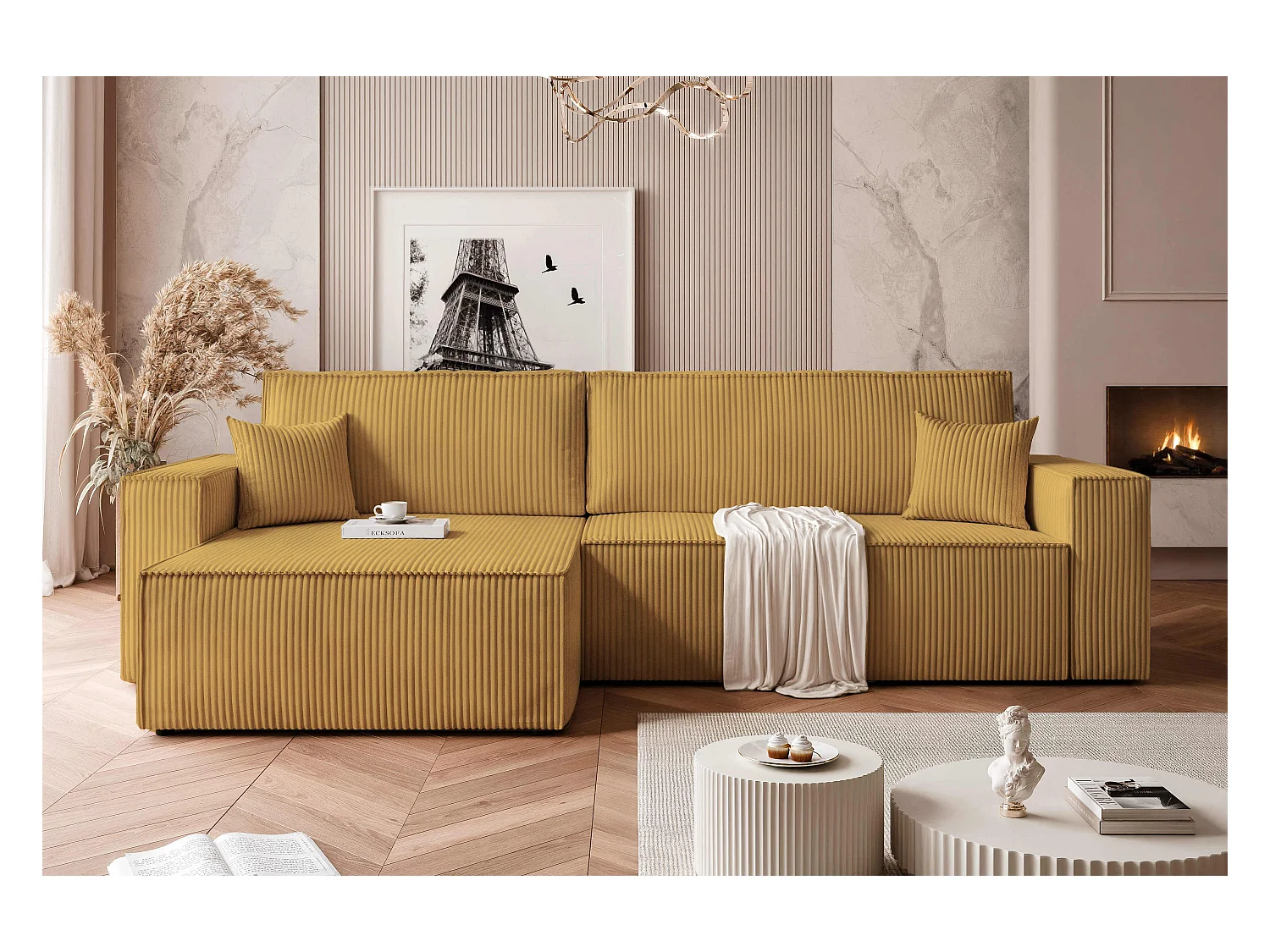 Canapé d'angle convertible tissu velours côtelé moutarde