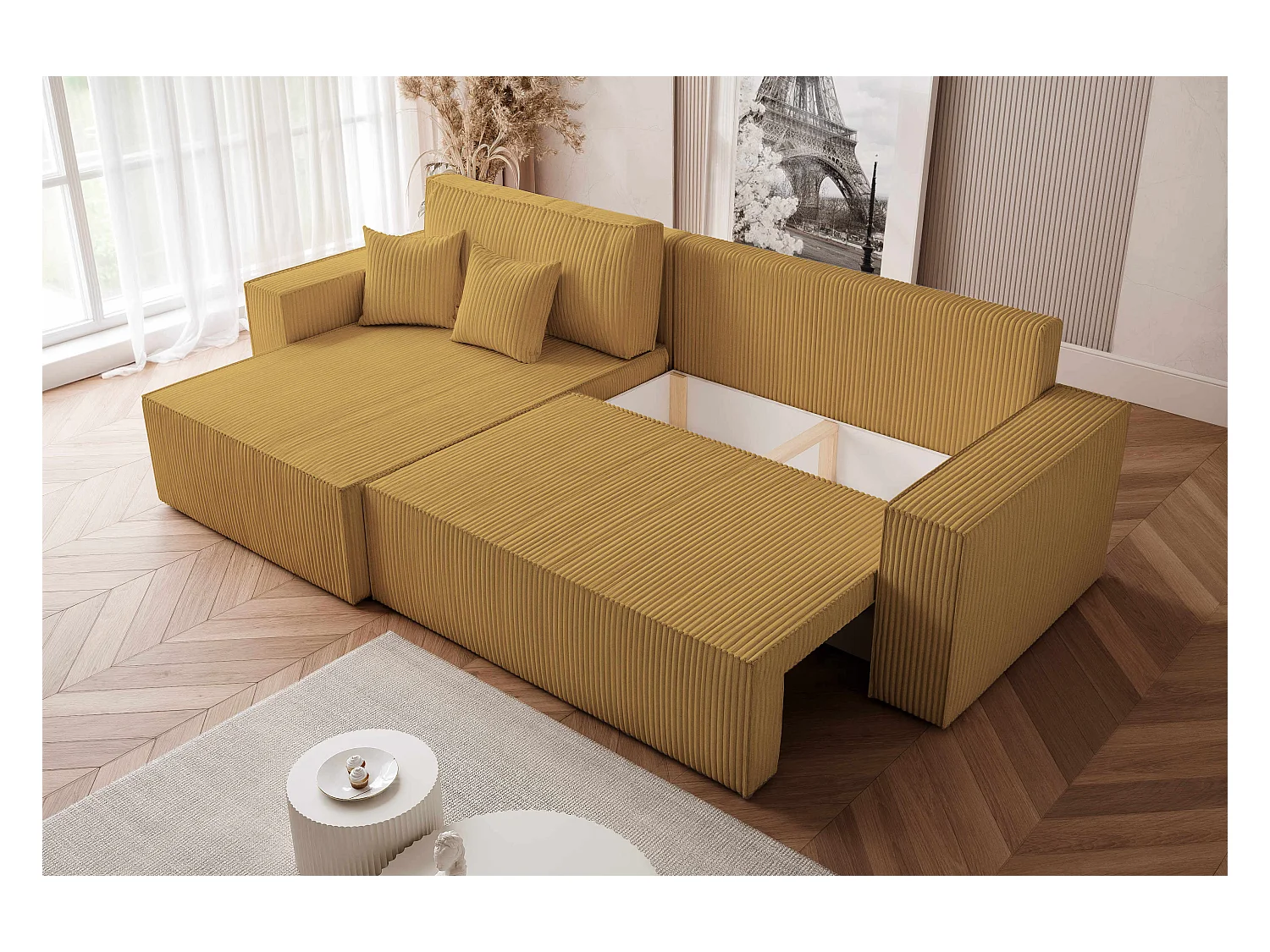 Canapé d'angle convertible tissu velours côtelé moutarde