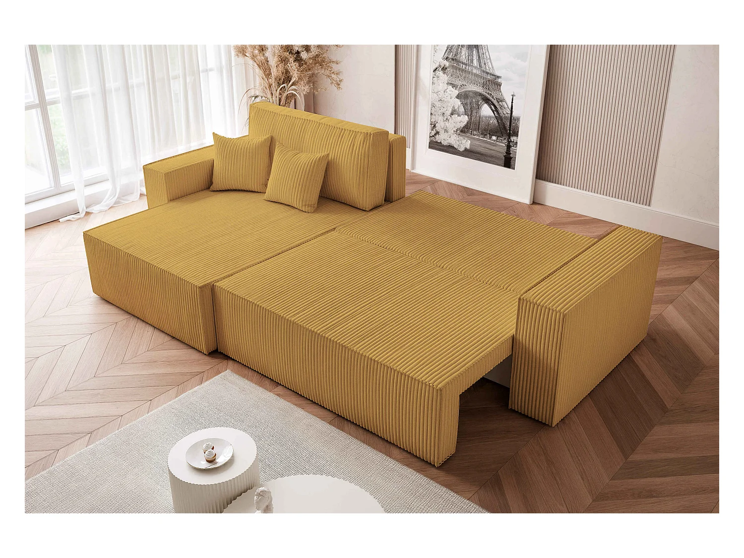 Canapé d'angle convertible tissu velours côtelé moutarde