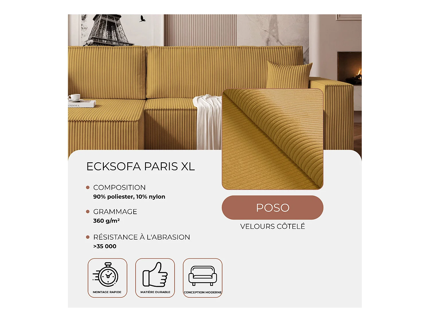 Canapé d'angle convertible tissu velours côtelé moutarde