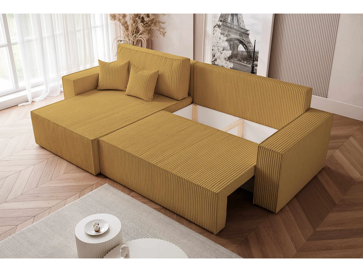 Canapé d'angle convertible tissu velours côtelé moutarde