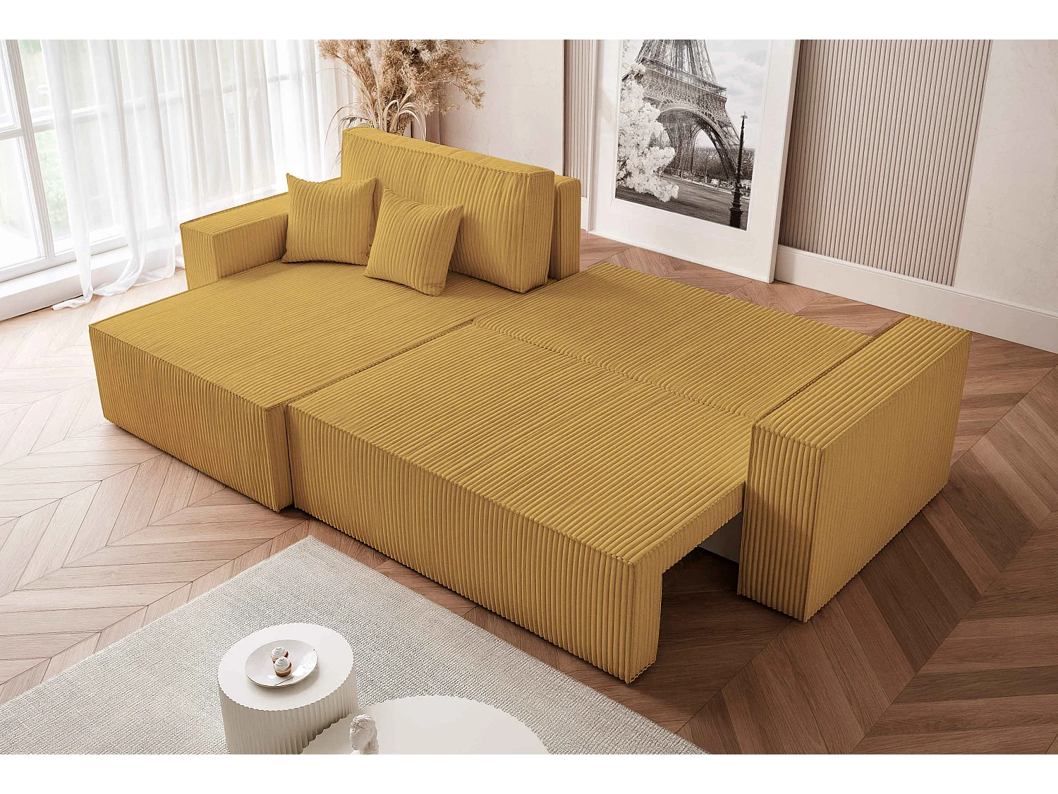 Canapé d'angle convertible tissu velours côtelé moutarde