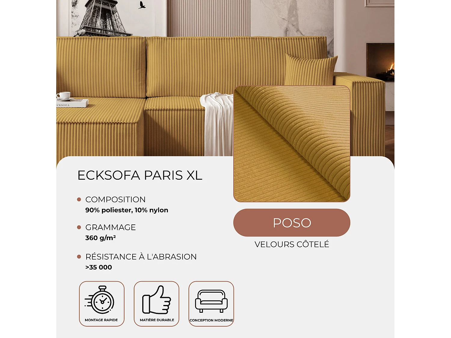 Canapé d'angle convertible tissu velours côtelé moutarde