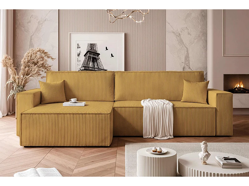 Canapé d'angle convertible tissu velours côtelé moutarde