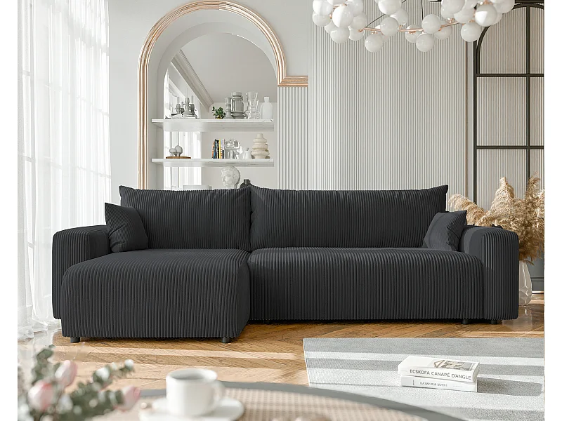 Canapé d'angle convertible tissu velours côtelé graphite