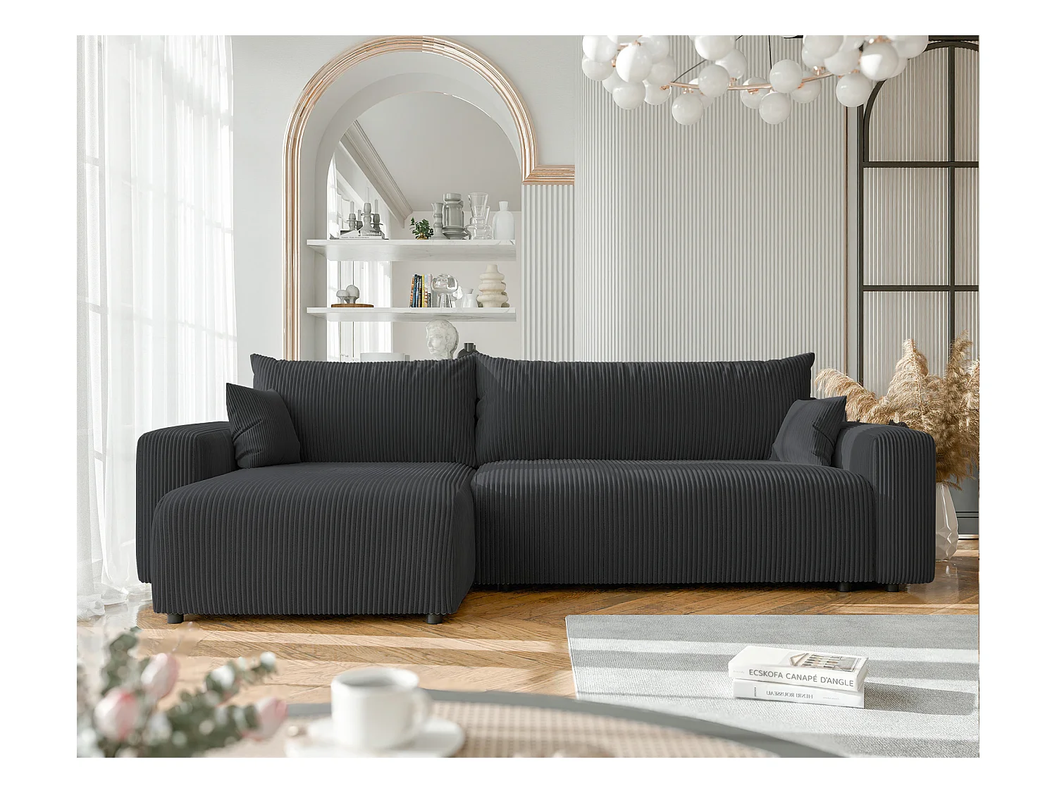 Canapé d'angle convertible tissu velours côtelé graphite