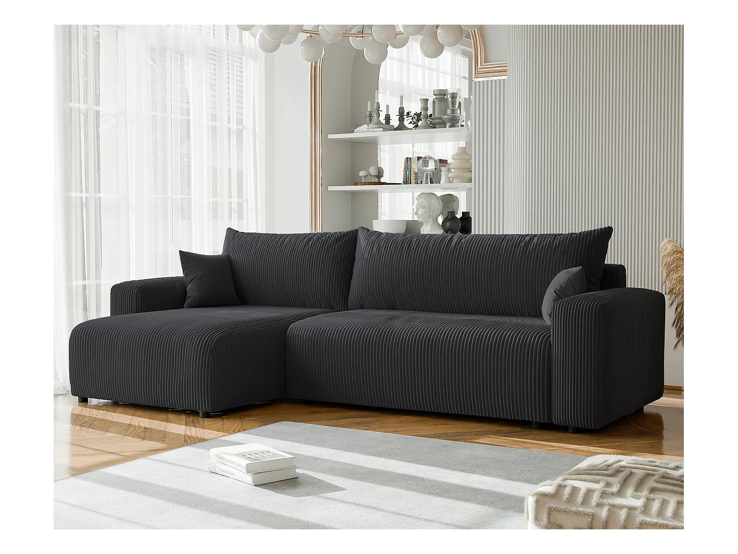 Canapé d'angle convertible tissu velours côtelé graphite