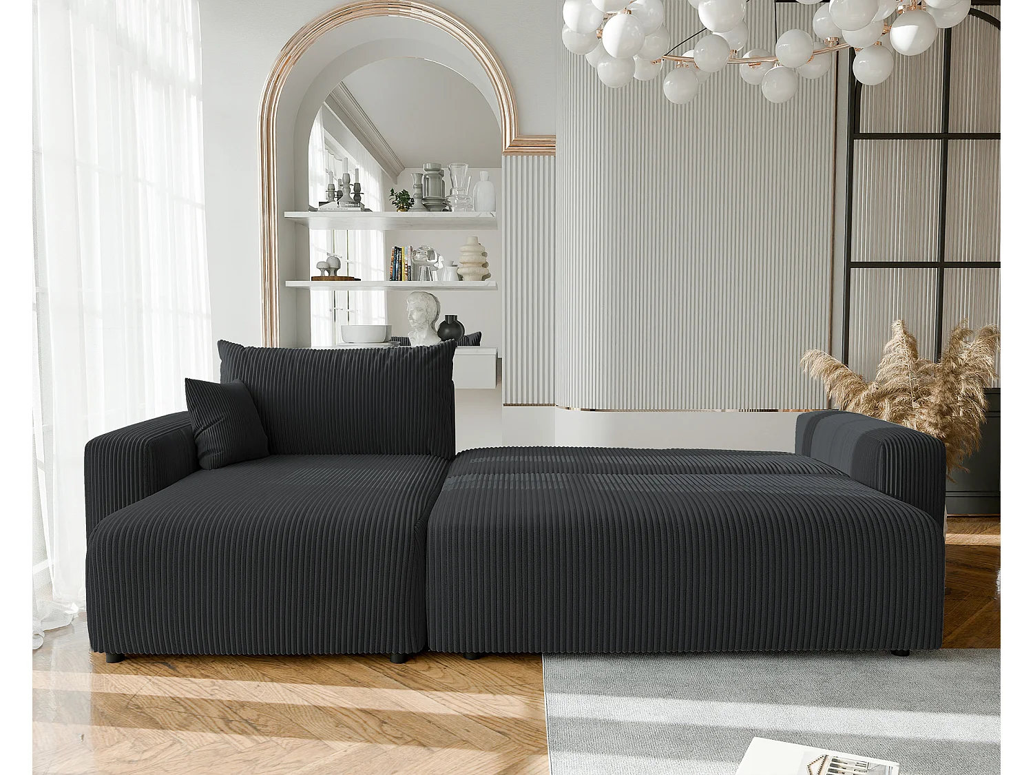 Canapé d'angle convertible tissu velours côtelé graphite