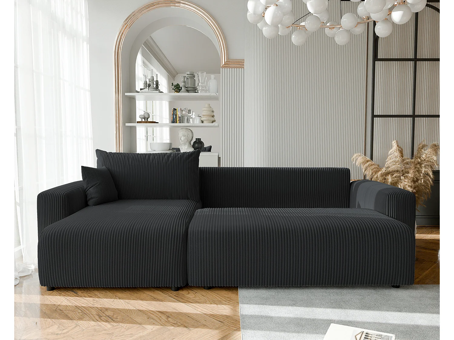 Canapé d'angle convertible tissu velours côtelé graphite