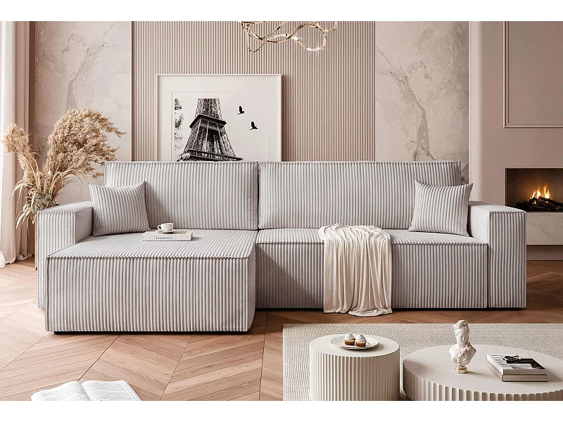 Canapé d'angle convertible tissu velours côtelé gris clair