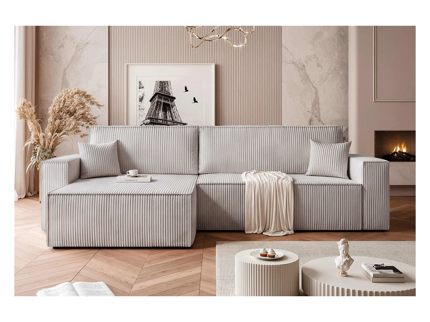 Canapé d'angle convertible tissu velours côtelé gris clair