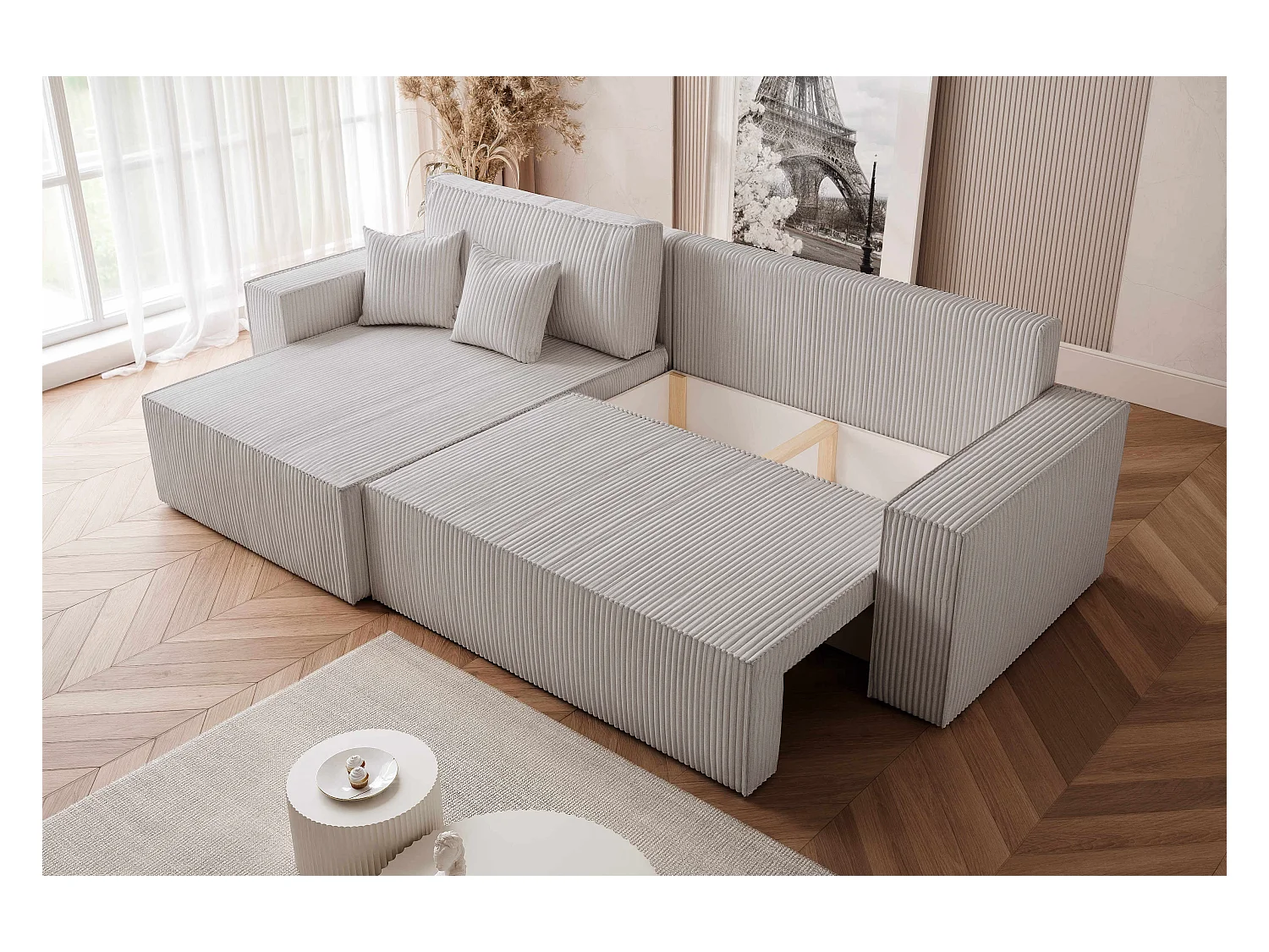 Canapé d'angle convertible tissu velours côtelé gris clair