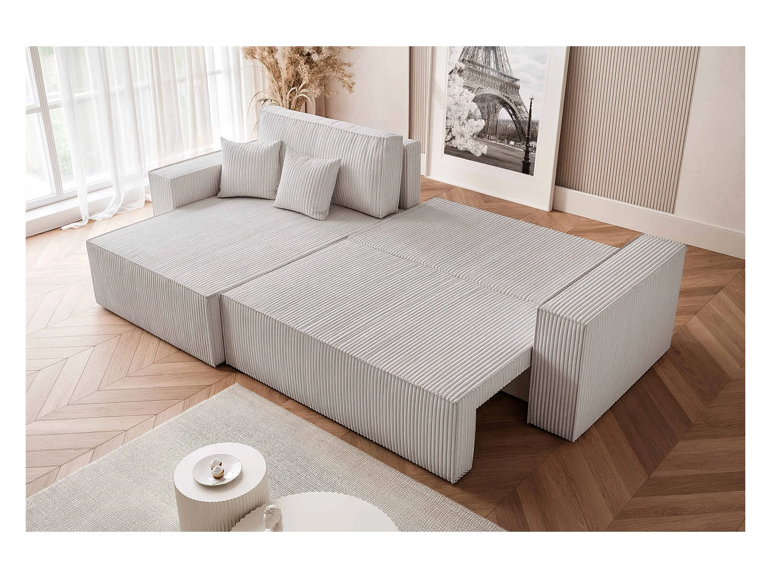 Canapé d'angle convertible tissu velours côtelé gris clair