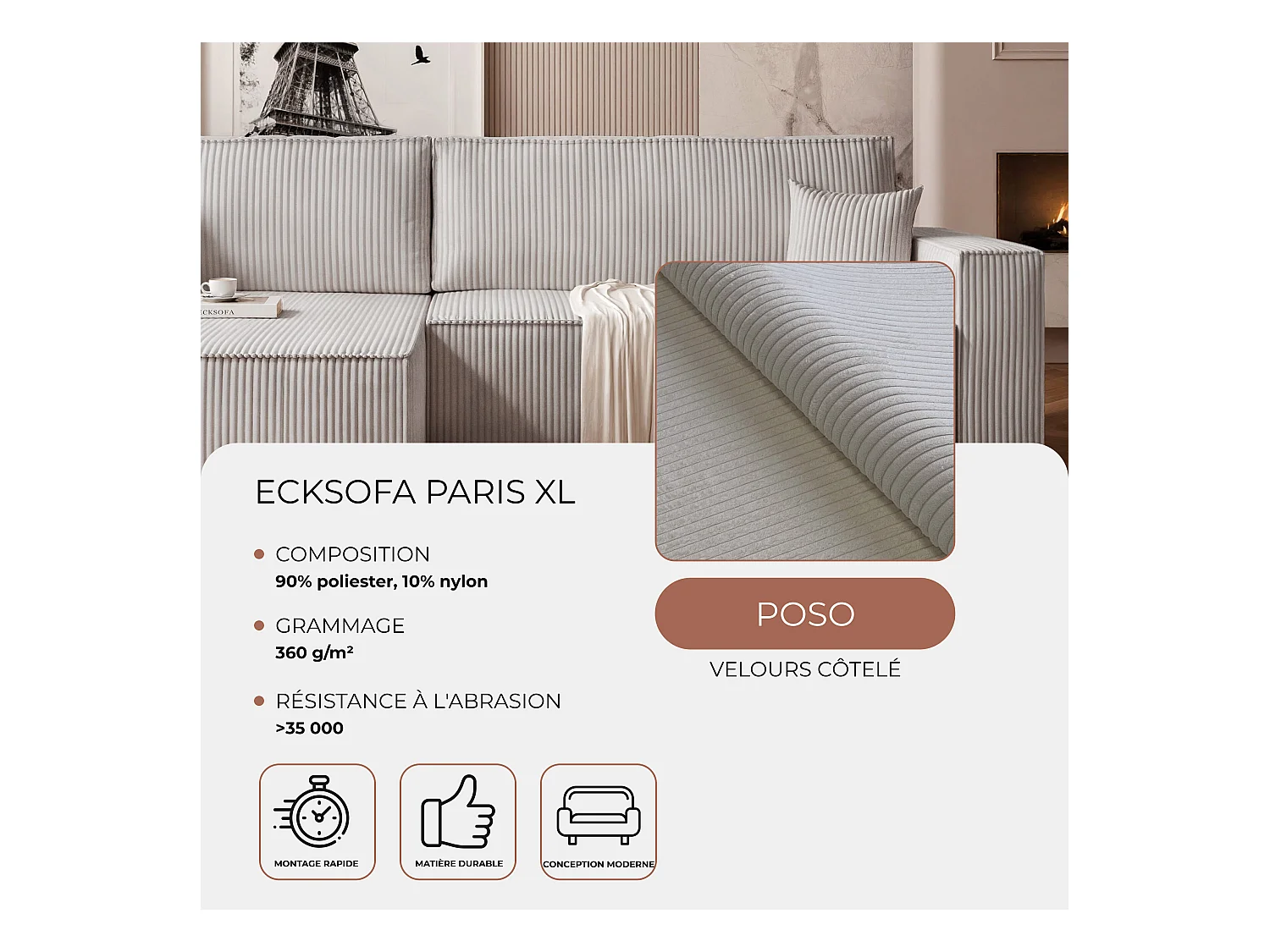 Canapé d'angle convertible tissu velours côtelé gris clair