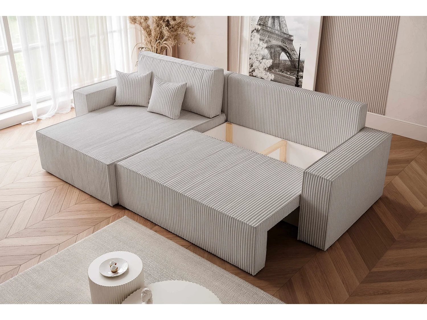 Canapé d'angle convertible tissu velours côtelé gris clair