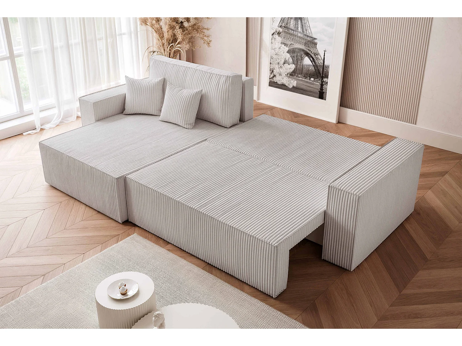 Canapé d'angle convertible tissu velours côtelé gris clair