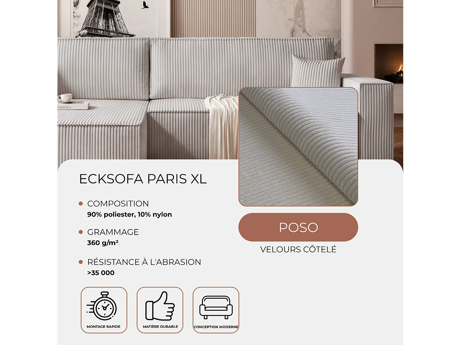 Canapé d'angle convertible tissu velours côtelé gris clair