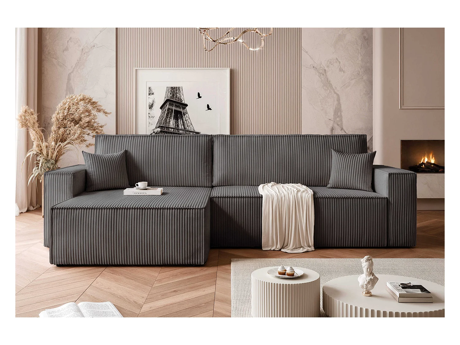 Canapé d'angle convertible tissu velours côtelé graphite