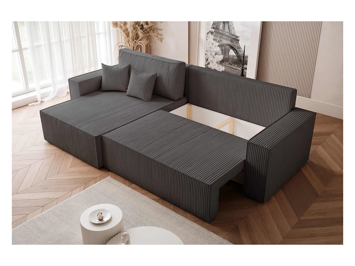 Canapé d'angle convertible tissu velours côtelé graphite